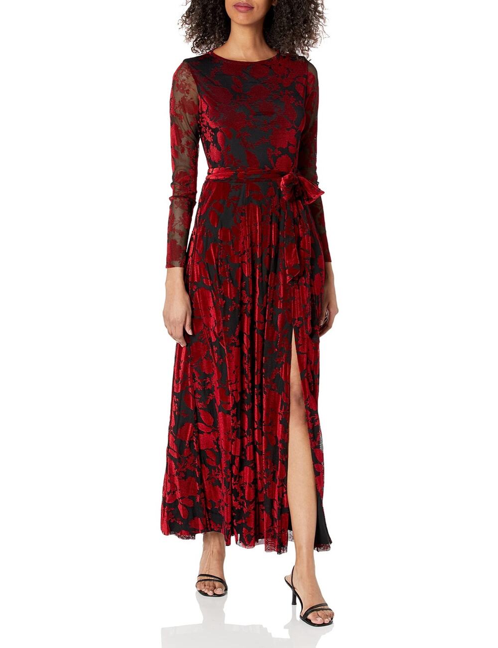 Anne Klein Black & Red Long Sleeve Belted Stretchy Maxi Dress w/ Slit